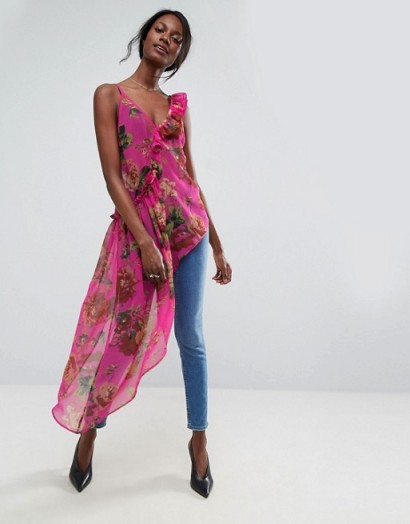 ASOS Asymmetric Cami with Ruffle in Bright Pink Floral | ruffled tops