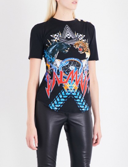 BALMAIN Animal and logo-print cotton T-shirt | black printed t-shirts