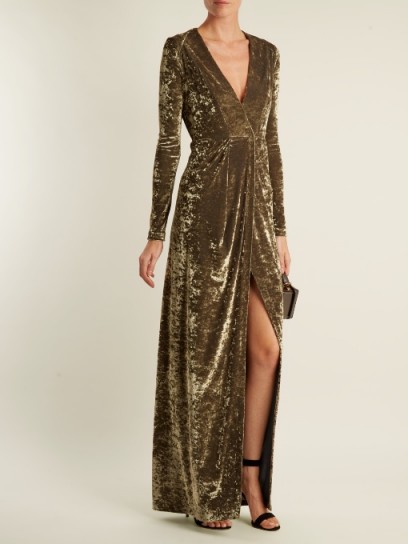 GALVAN Deep V-neck hammered-velvet gown ~ long luxurious sage-green gowns