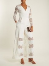 HUISHAN ZHANG Faye lace-panelled wool-crepe jumpsuit ~ semi sheer jumpsuits ~ evening elegance
