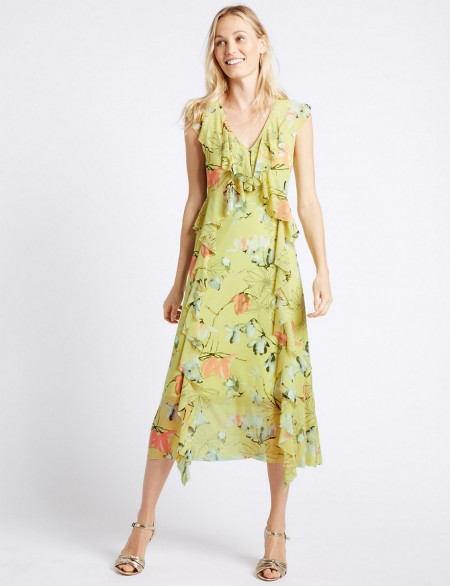 M&S COLLECTION Floral Print Mesh Swing Midi Dress / green dresses ...