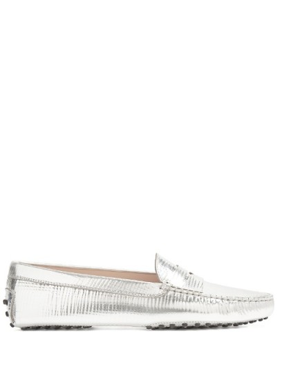 TOD’S Gommini embossed-leather loafers ~ silver-metallic flats