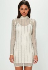 peace + love nude high neck striped embellished bodycon dress