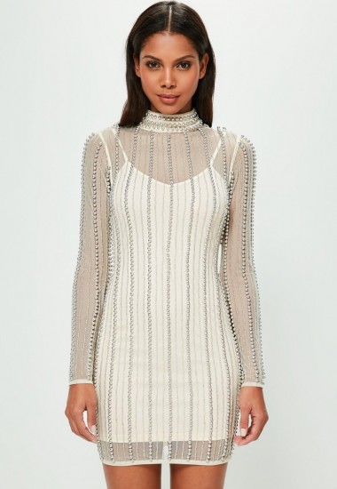 peace + love nude high neck striped embellished bodycon dress