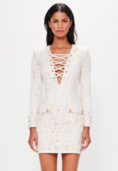 missguided peace + love white lace up front bodycon dress