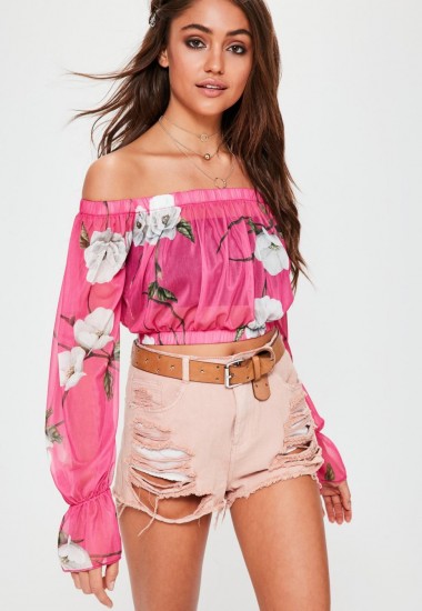 MISSGUIDED pink bardot floral mesh crop top