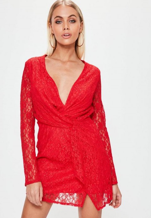 missguided red lace twist front shift dress