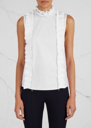 PINKO Sirion ruffle-trimmed cotton top ~ white high neck ruffled tops