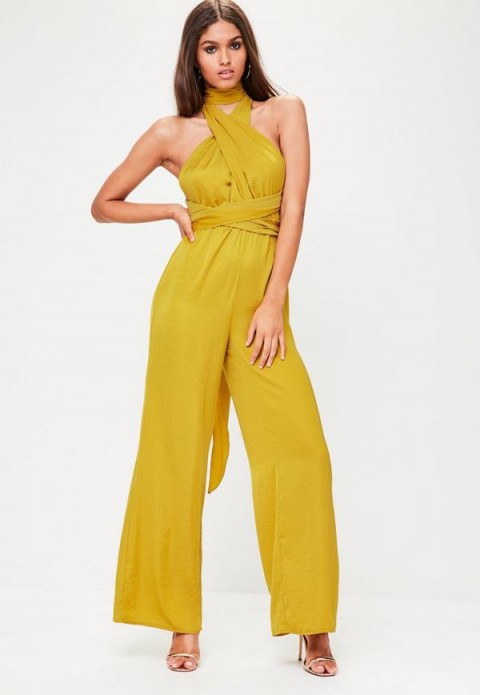 missguided yellow satin multi way wide leg jumpsuit