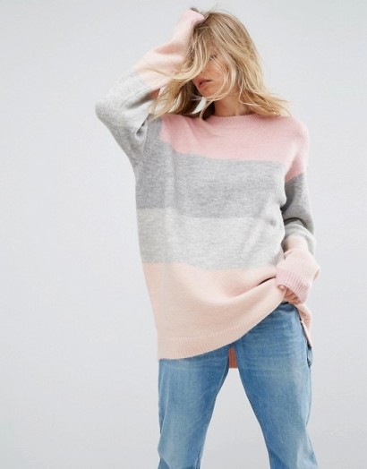 ASOS Jumper in Block Stripe – pink and grey oversized crew neck jumpers – soft knit sweaters – knitwear