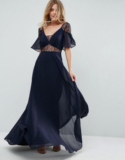 ASOS Lace Insert Flutter Sleeve Maxi Dress – long navy party dresses