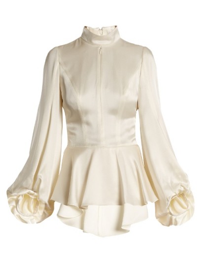 ANDREW GN Asymmetric peplum-hem satin blouse ~ cream high neck blouses