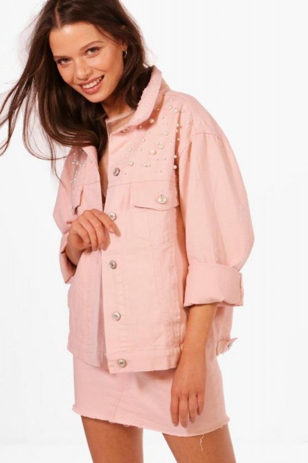 boohoo Bella Pearl Embellished Oversized Denim Jacket – nude jackets