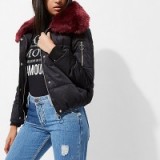 RIVER ISLAND Black faux fur trim puffer jacket – padded winter jackets