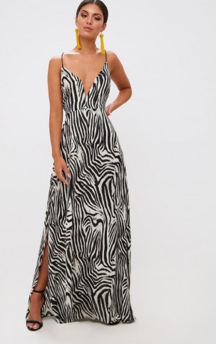 Pretty Little Thing BLACK ZEBRA PRINT EXTREME SPLIT MAXI DRESS – long party dresses – glamorous animal prints