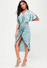 Missguided blue crushed velvet wrap midi dress