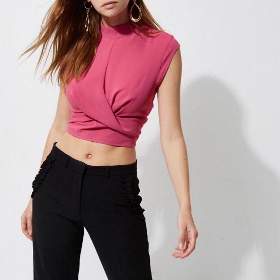 river island bright pink twist front high neck crop top ~ cropped sleeveless tops