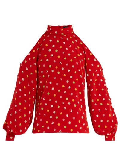 ANNA OCTOBER Cut-out shoulder polka-dot crepe top ~ red tops