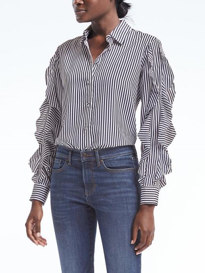 Banana Republic Dillon-Fit Stripe Cascade Ruffle-Sleeve Shirt