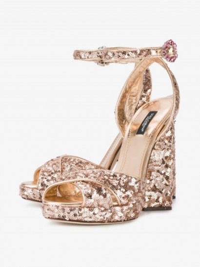 Dolce & Gabbana Sequin Sandals – gold chunky heeled platforms