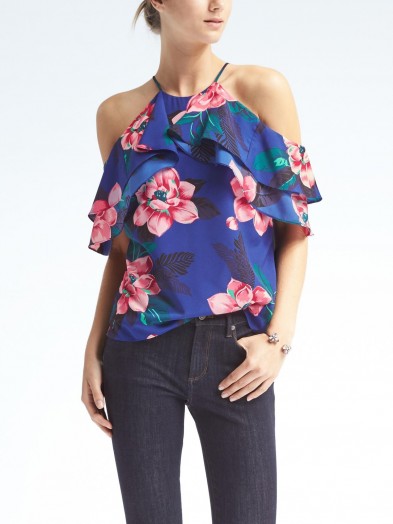 Banana Republic Floral Easy Care Cold-Shoulder Flutter Sleeve Top