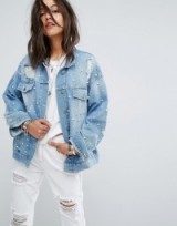 Free People Pearl Embellished Trucker Denim Jacket | light blue casual jackets | distressed