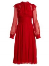 NO. 21 Frilled-bib silk-chiffon midi dress ~ red sheer sleeved dresses