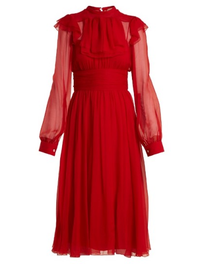 NO. 21 Frilled-bib silk-chiffon midi dress ~ red sheer sleeved dresses