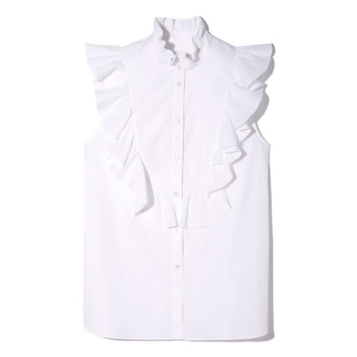 goop Label NOORA SLEEVELESS RUFFLE TOP – white ruffled tops