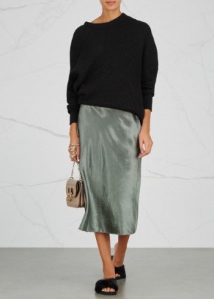 VINCE Green satin midi skirt