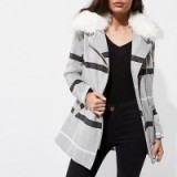 RIVER ISLAND Grey check faux fur collar biker coat