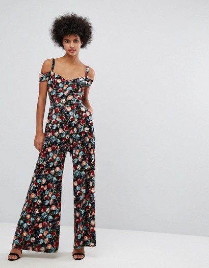 Horrockses Sweetheart Velvet Jumpsuit In Floral Print – cold shoulder jumpsuits