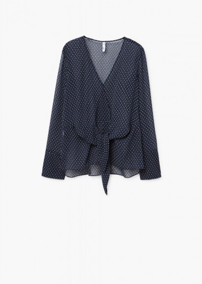 Mango Knot detail printed blouse ~ sheer navy blouses