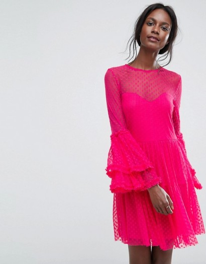 Lace & Beads Dobbie Mesh Sheer Mini Dress with Exaggerated Sleeve ~ bright pink occasion dresses