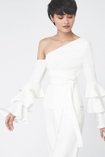 Lavish Alice Ruffle Sleeve Asymmetric Top in White