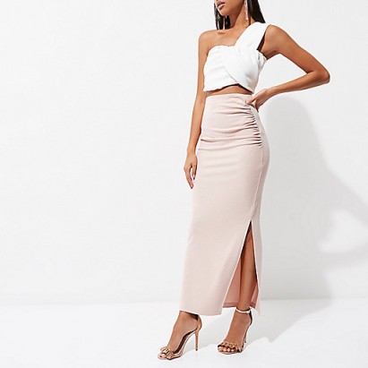 RIVER ISLAND Light pink ruched side maxi bodycon skirt – long side slit skirts