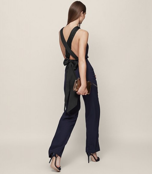 REISS LOLITA BACKLESS BOW-DETAIL JUMPSUIT INK / CROSS BACK JUMPSUITS / OCCASION FASHION