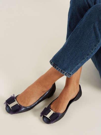 SALVATORE FERRAGAMO Marla bow-detail sequin-embellished ballet flats ~ chic navy-blue flats