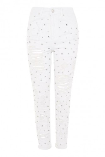 Topshop MOTO Limited Edition White Gemstone Super Rip Mom Jeans