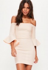 Missguided nude bardot fishnet frill bodycon dress – party dresses – going out fashion