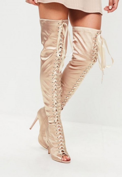 Missguided nude satin lace up thigh boots ~ peep toe over the knee boot