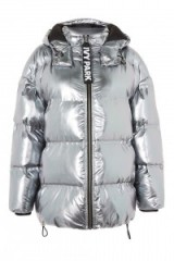 Ivy Park Pewter Bonded Puffer Jacket ~ metallic puffa jackets ~ shiny winter coats