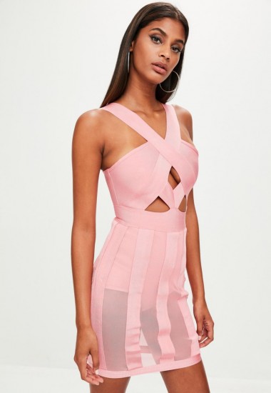 Missguided pink bandage stripe dress – semi sheer cut out party dresses