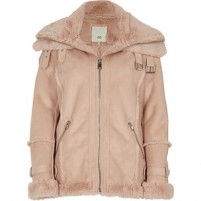 River Island Pink fur trim aviator jacket