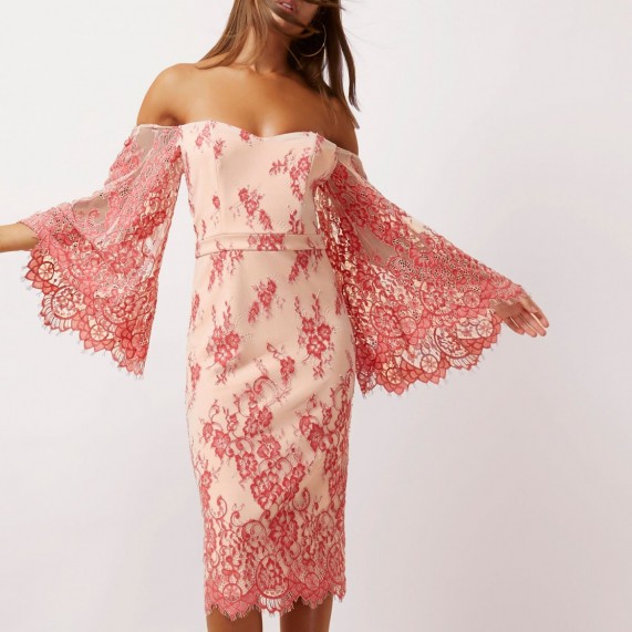 river island pink lace flare sleeve bardot bodycon dress ~ off the shoulder party dresses