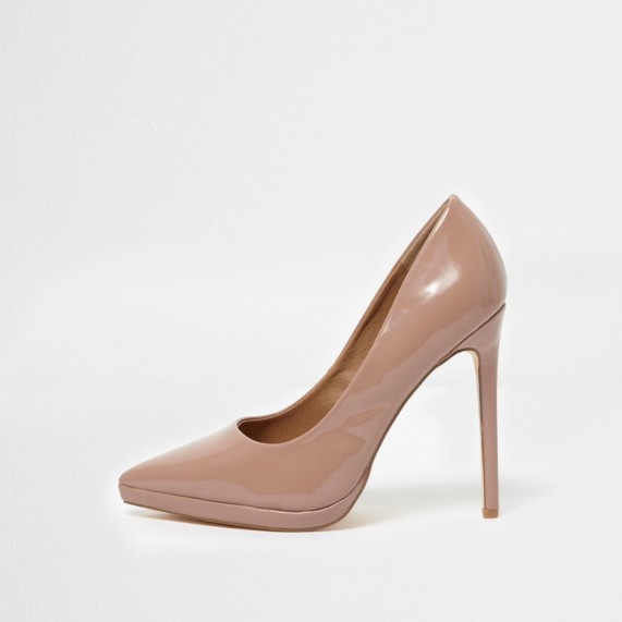 river island pink patent platform court shoes ~ high heeled courts