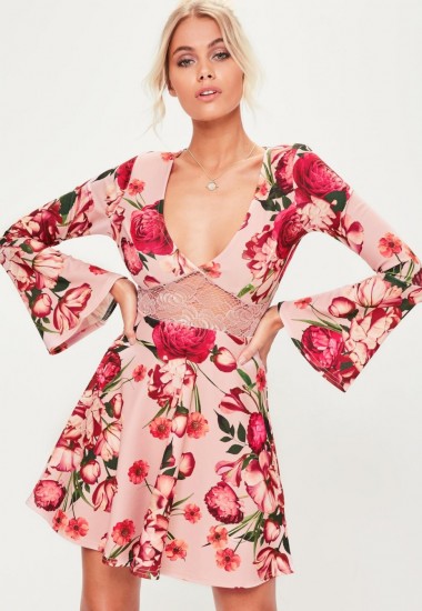 Missguided pink printed flared sleeve skater dress – floral party dresses