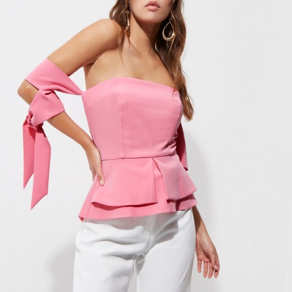 river island pink tie sleeve peplum hem bardot top