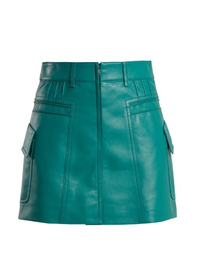 PRADA Pintucked grained-leather mini skirt ~ luxe jade-green skirts