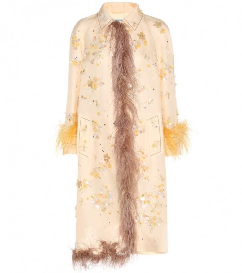 PRADA Embellished silk coat with feather trim